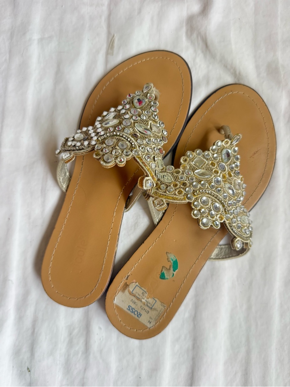 Nicole Npetal Gold Rhinestone Embellished Thong Sandals Size 7.5W Resort Summer‎